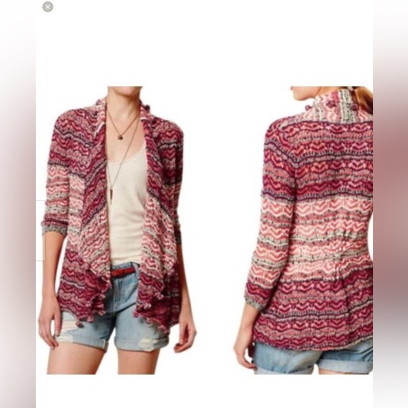 Moth Womens Crochet Cardigan Open Front Sweater Size M Fringe Stripes Poms Boho - Picture 2 of 15